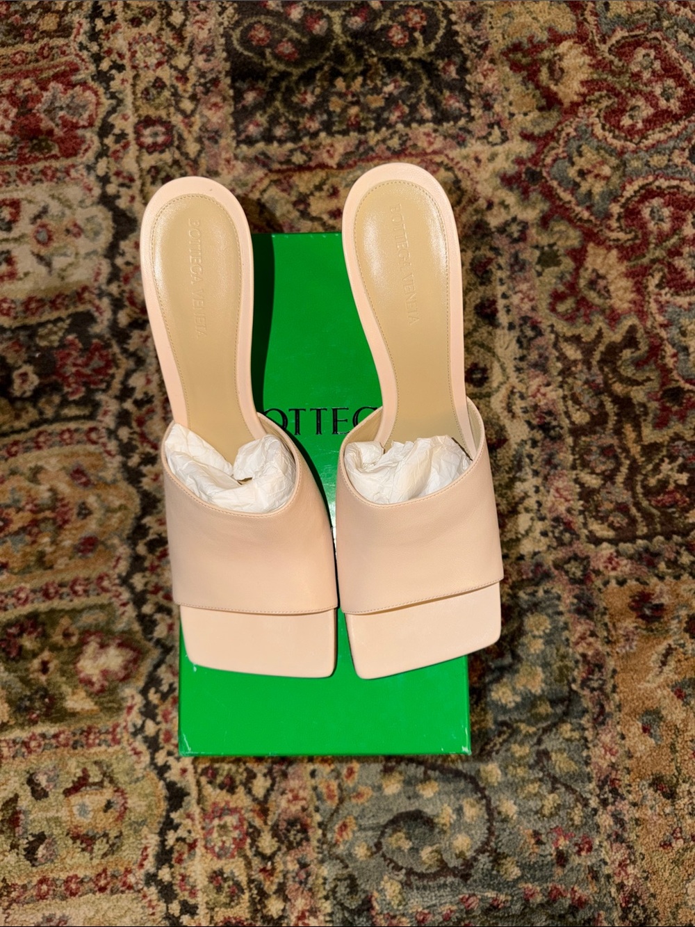 Bottega Veneta Nude Blush Leather Square-Toe Slide Mules